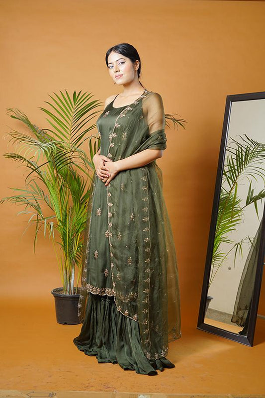Olive green kurti and  garara set with dupatta