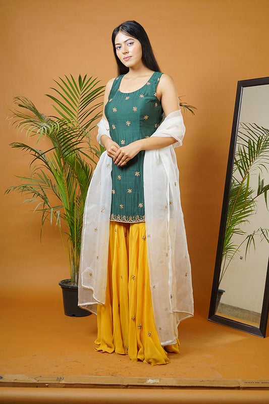 Green kurti with mustard garara and off white dupatta