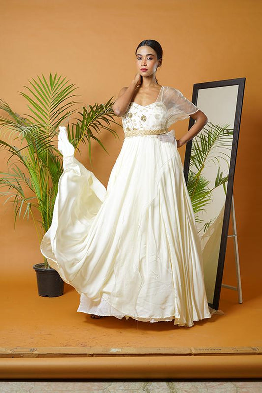 Off white anarkali with waistbelt and ruffle dupatta