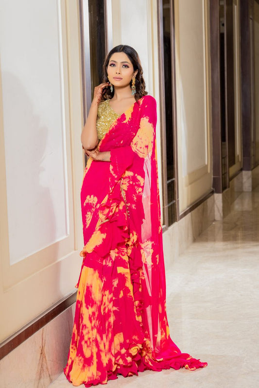 Zareen -Rani pink tie and dye drape saree with gold sequin blouse