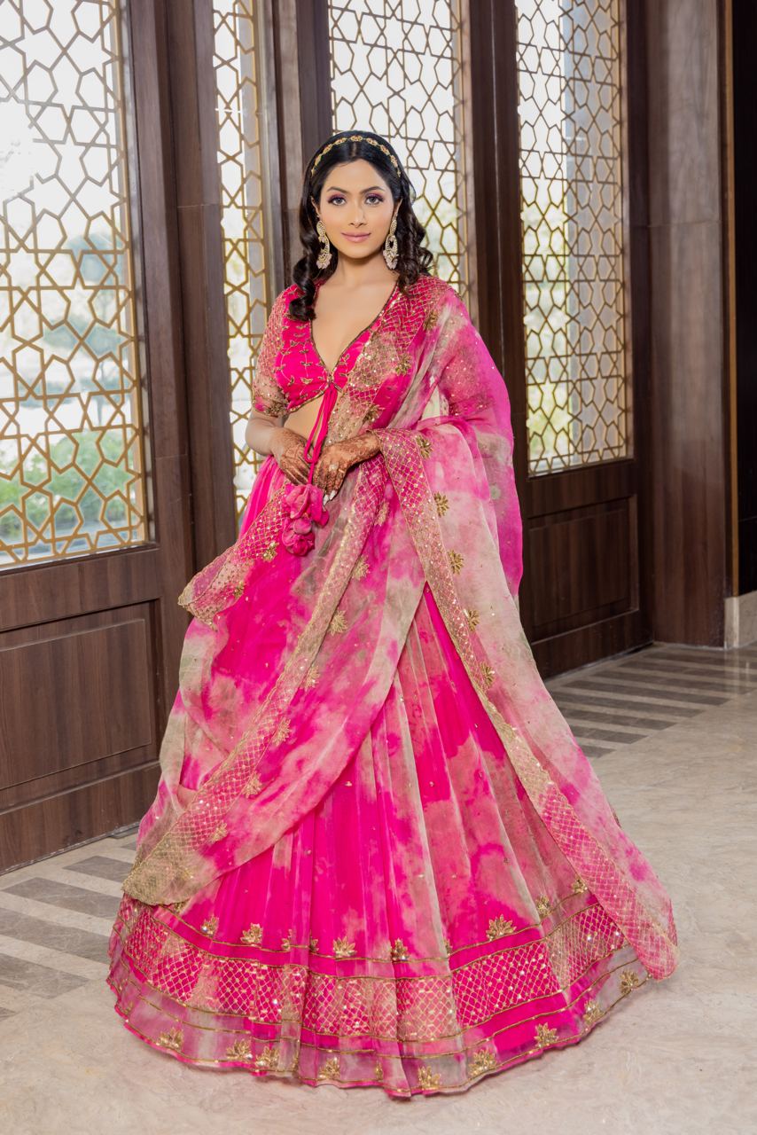 Gulaabo-Rani pink tie and dye hand embroidered lehenga set