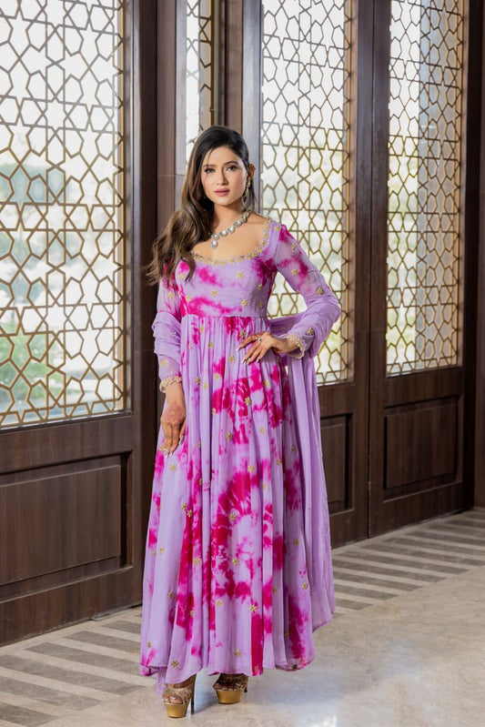 Bulbul -Mauve tie and dye hand embroidered anarkali set