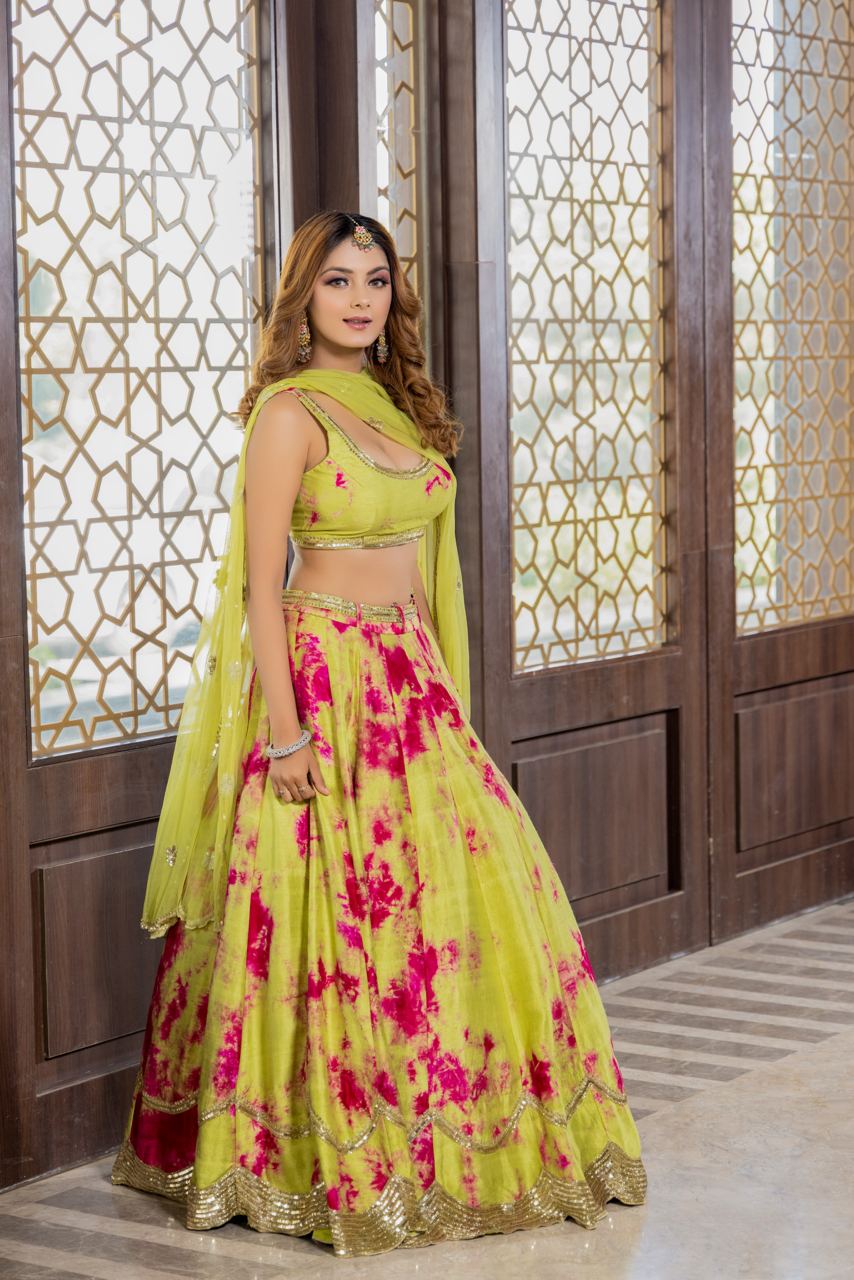 Rani -green tie and dye hand embroidered lehenga set