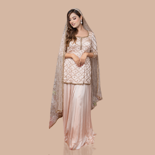 Golden beige kurta with skirt and dupatta