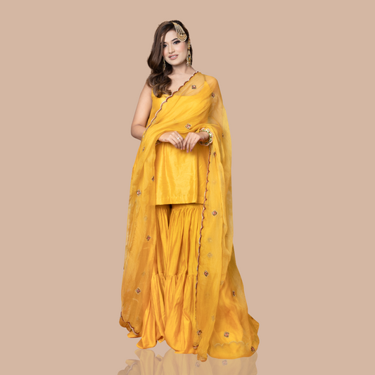 Mustard yellow kurta with garara and dupatta