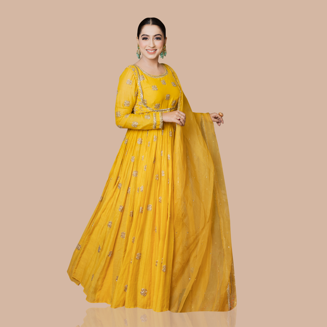 Mustard yellow anarkali set with short jacket and dupatta