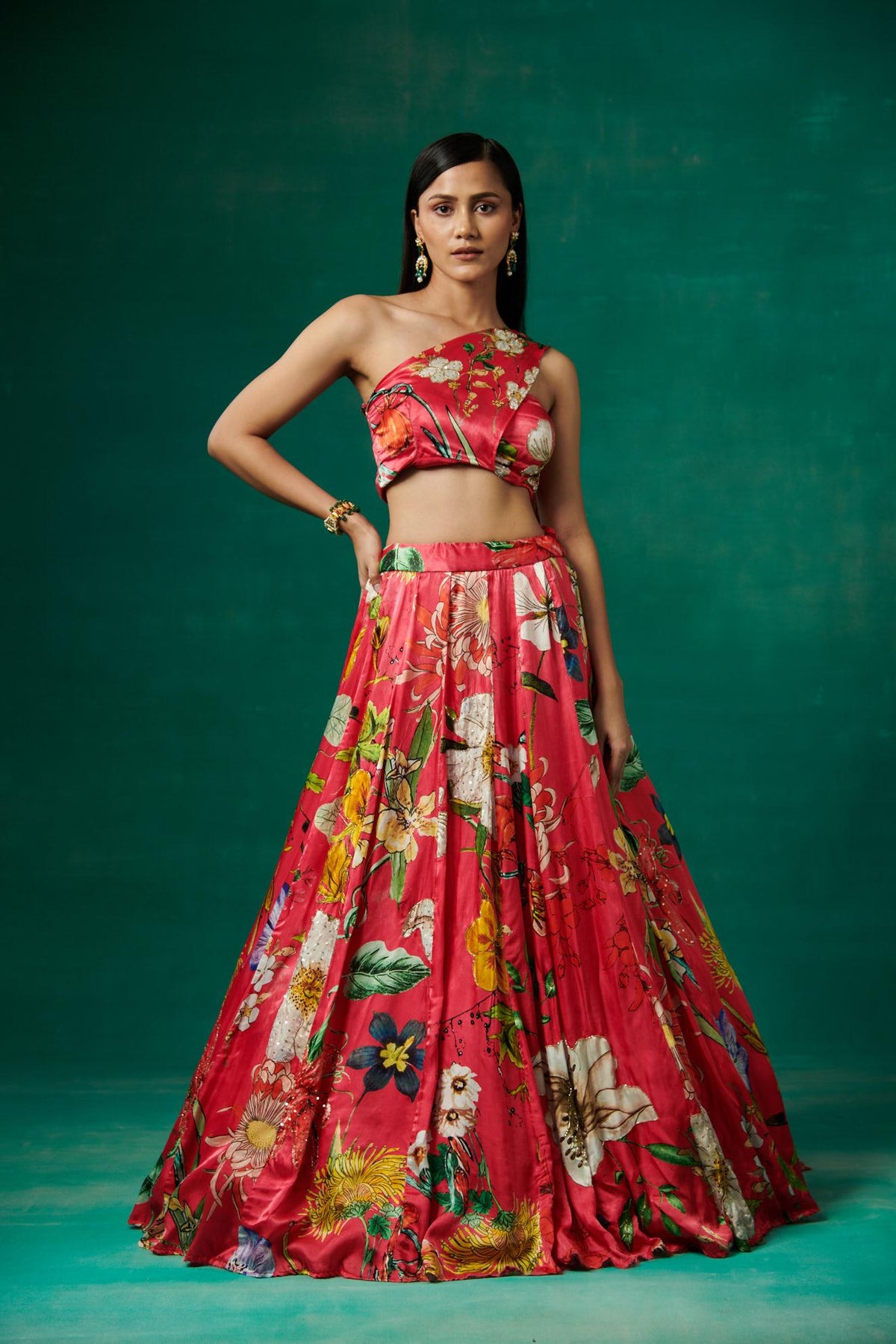 Pink lehenga set with dupatta attached on shoulder