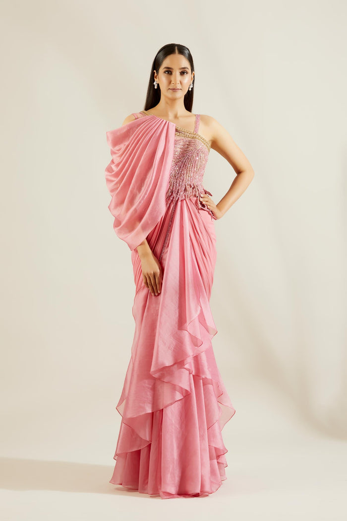 Pink Leaf Embellished Saree