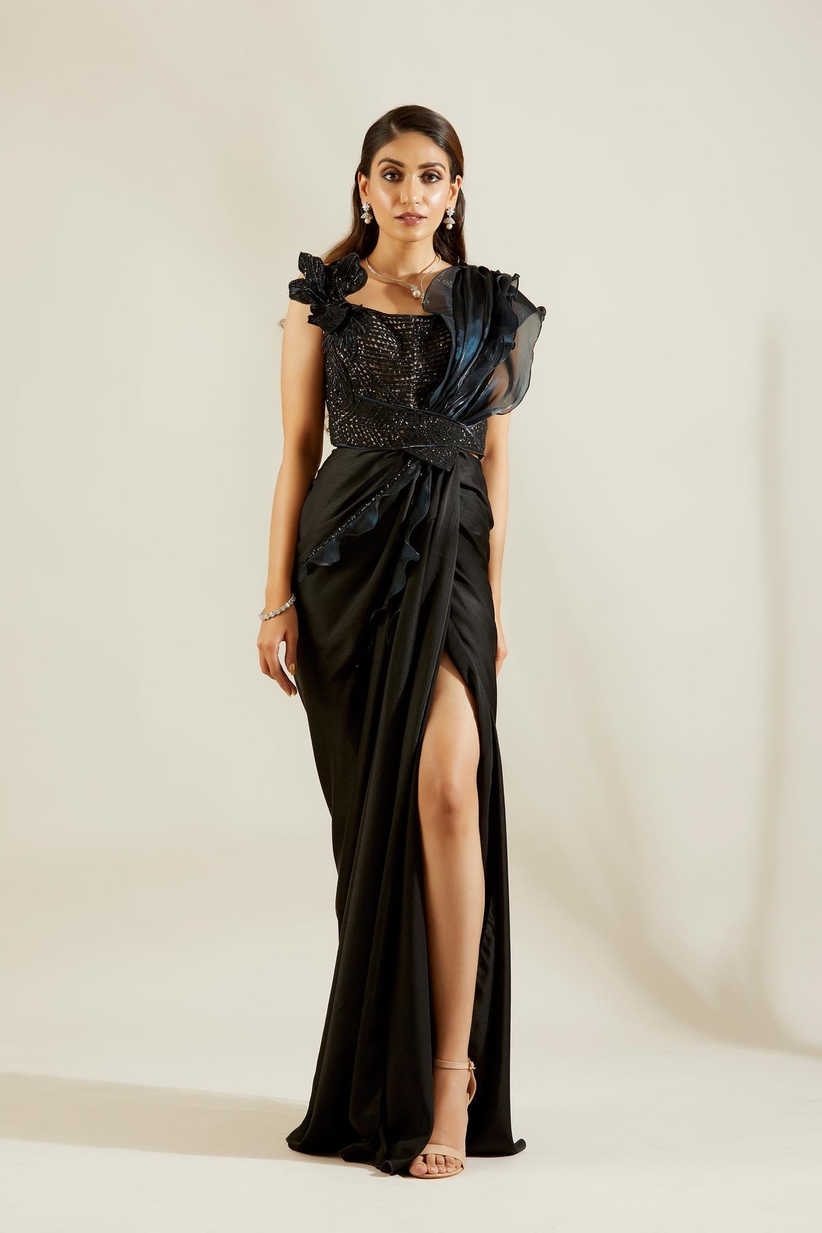 Jade Black Fril Organza Saree