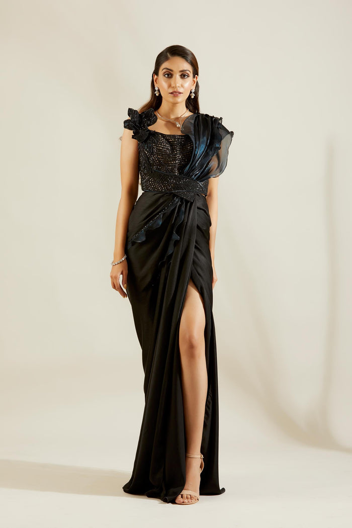 Jade Black Fril Organza Saree