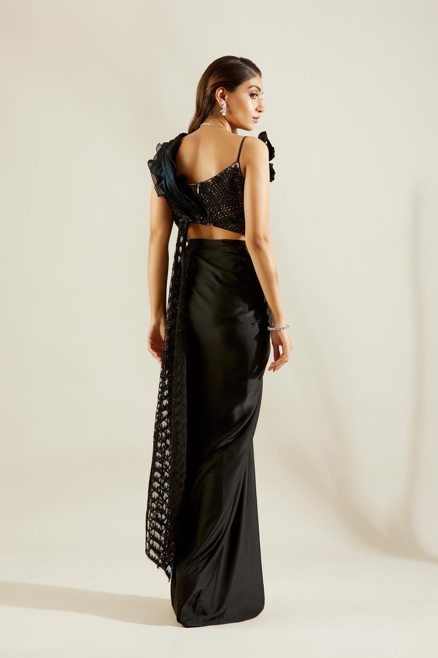 Jade Black Fril Organza Saree