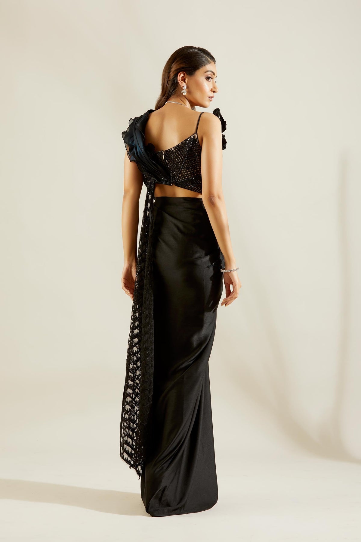 Jade Black Fril Organza Saree