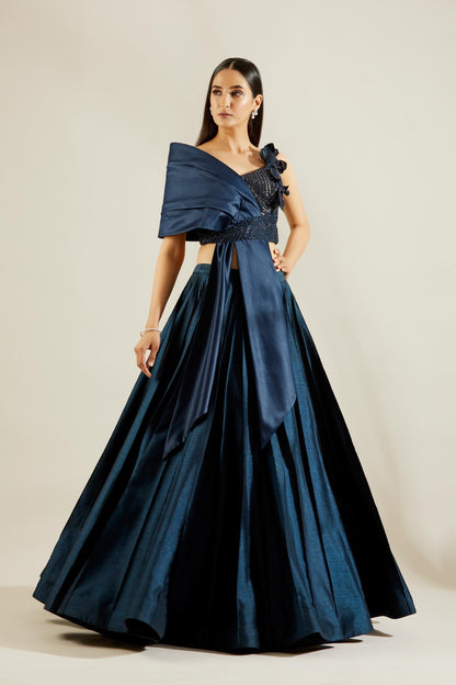 Midnight Blue Bow Blouse with Skirt