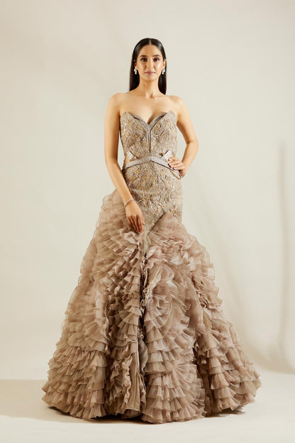 Daisy Shah in Abalone Grey and Gold Evening Gown