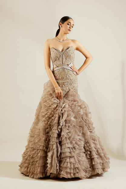 Daisy Shah in Abalone Grey and Gold Evening Gown