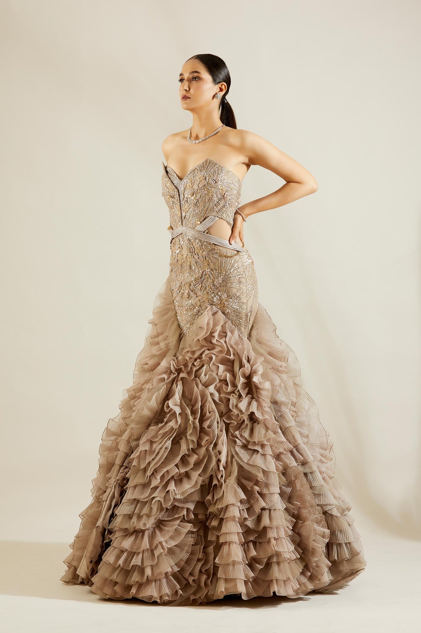 Daisy Shah in Abalone Grey and Gold Evening Gown
