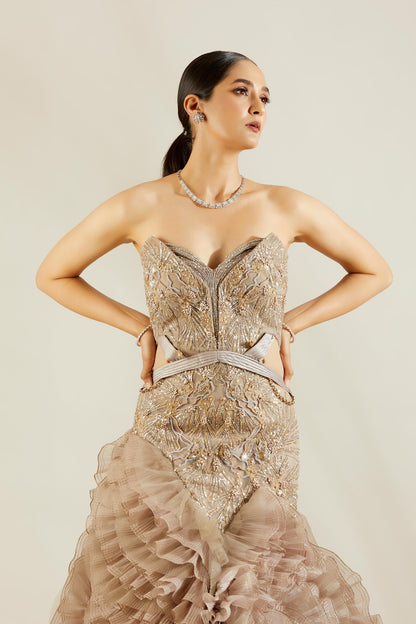 Daisy Shah in Abalone Grey and Gold Evening Gown
