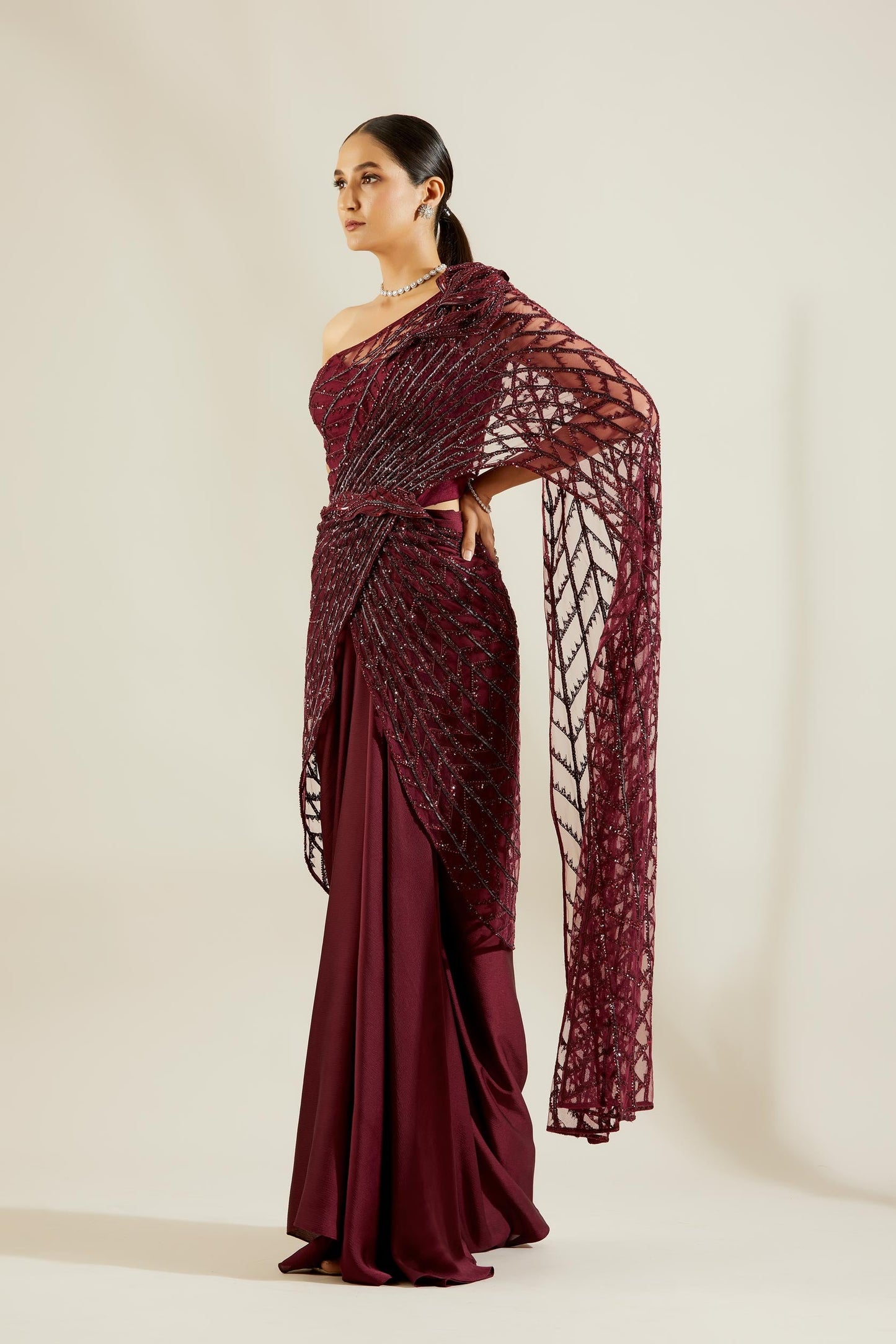 Wine Heavy Crystal Drape Saree