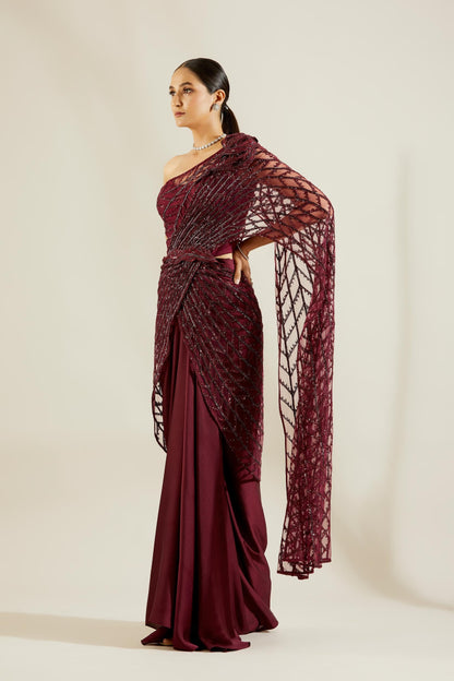 Wine Heavy Crystal Drape Saree