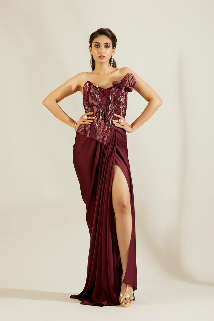 Sculpted Wine Corset Saree