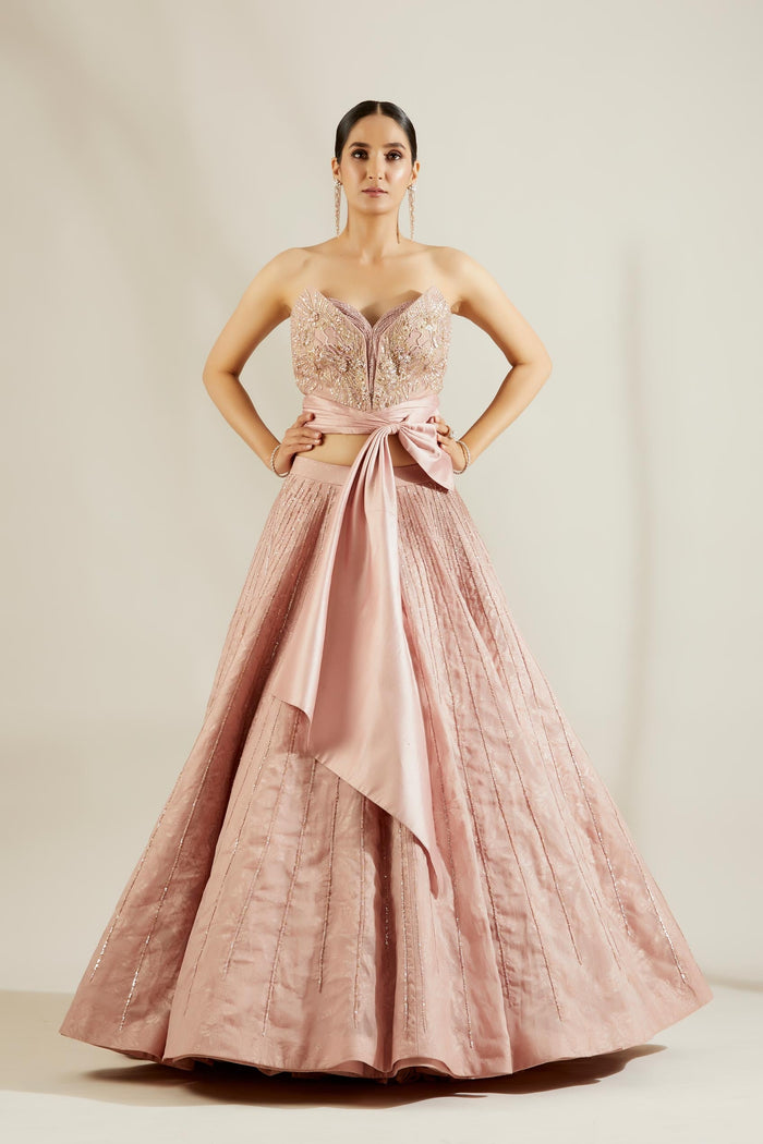 Lavender Corset Bow Blouse With Skirt