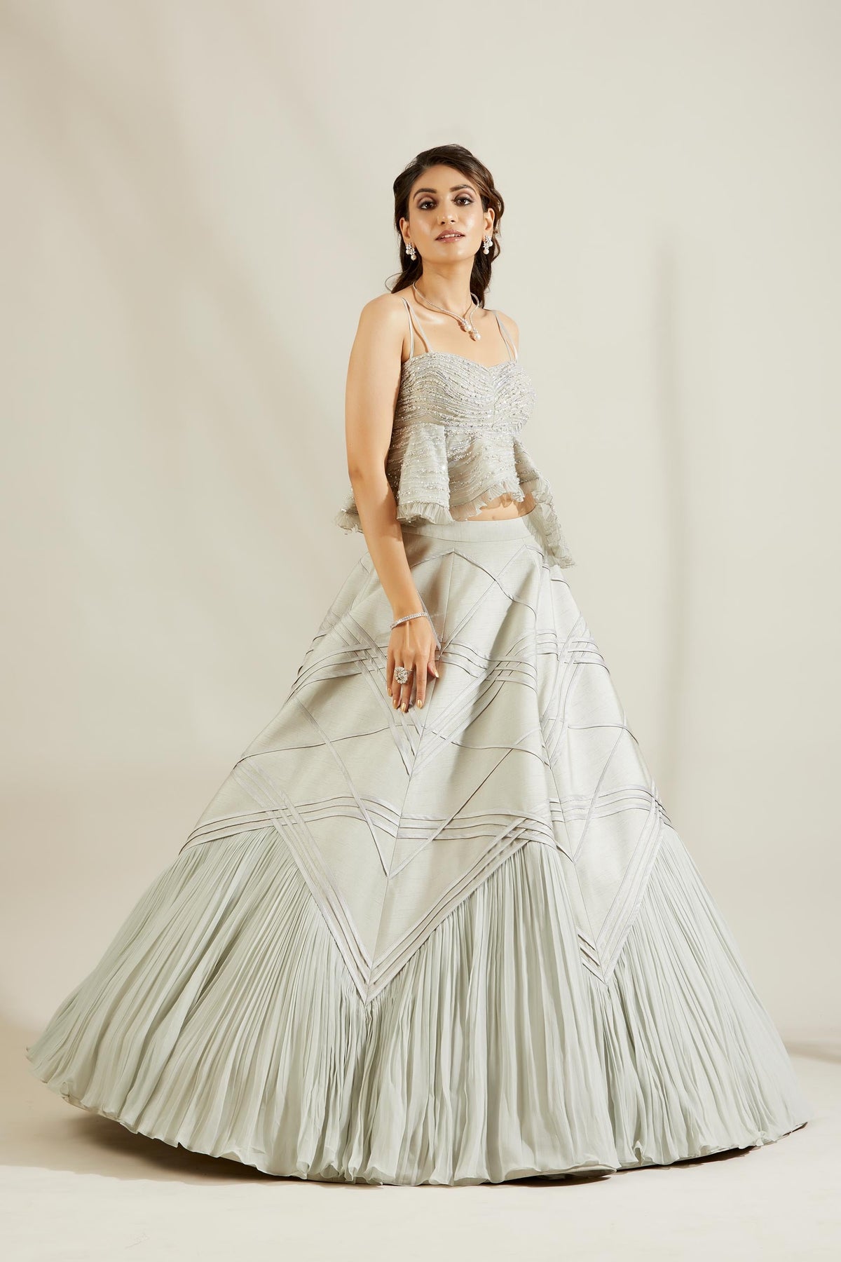 Powder blue lehenga with peplum blouse