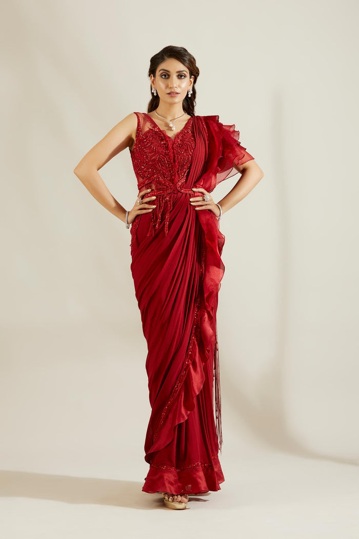 Brill Crimson Pre Draped Saree
