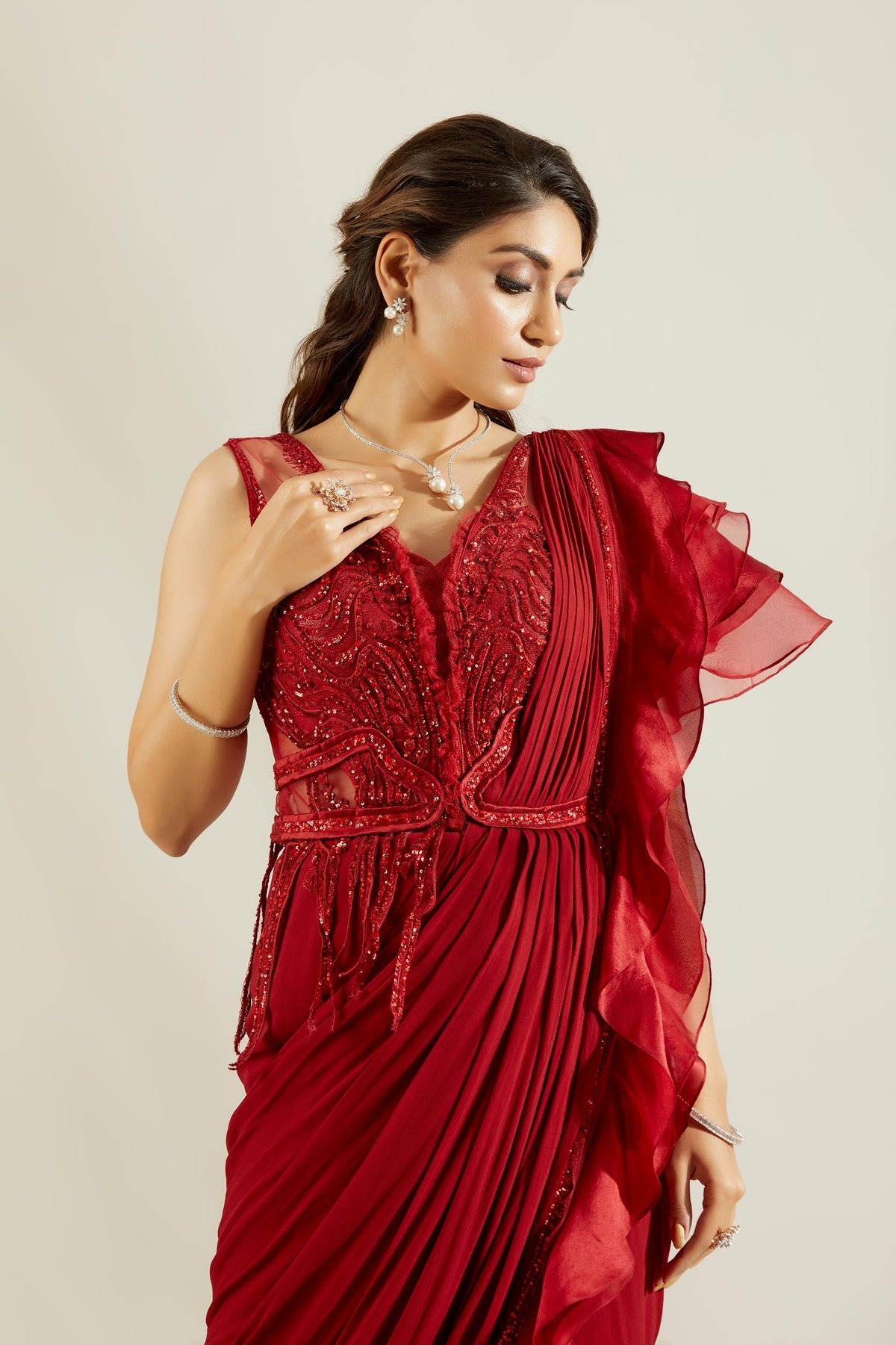 Brill Crimson Pre Draped Saree