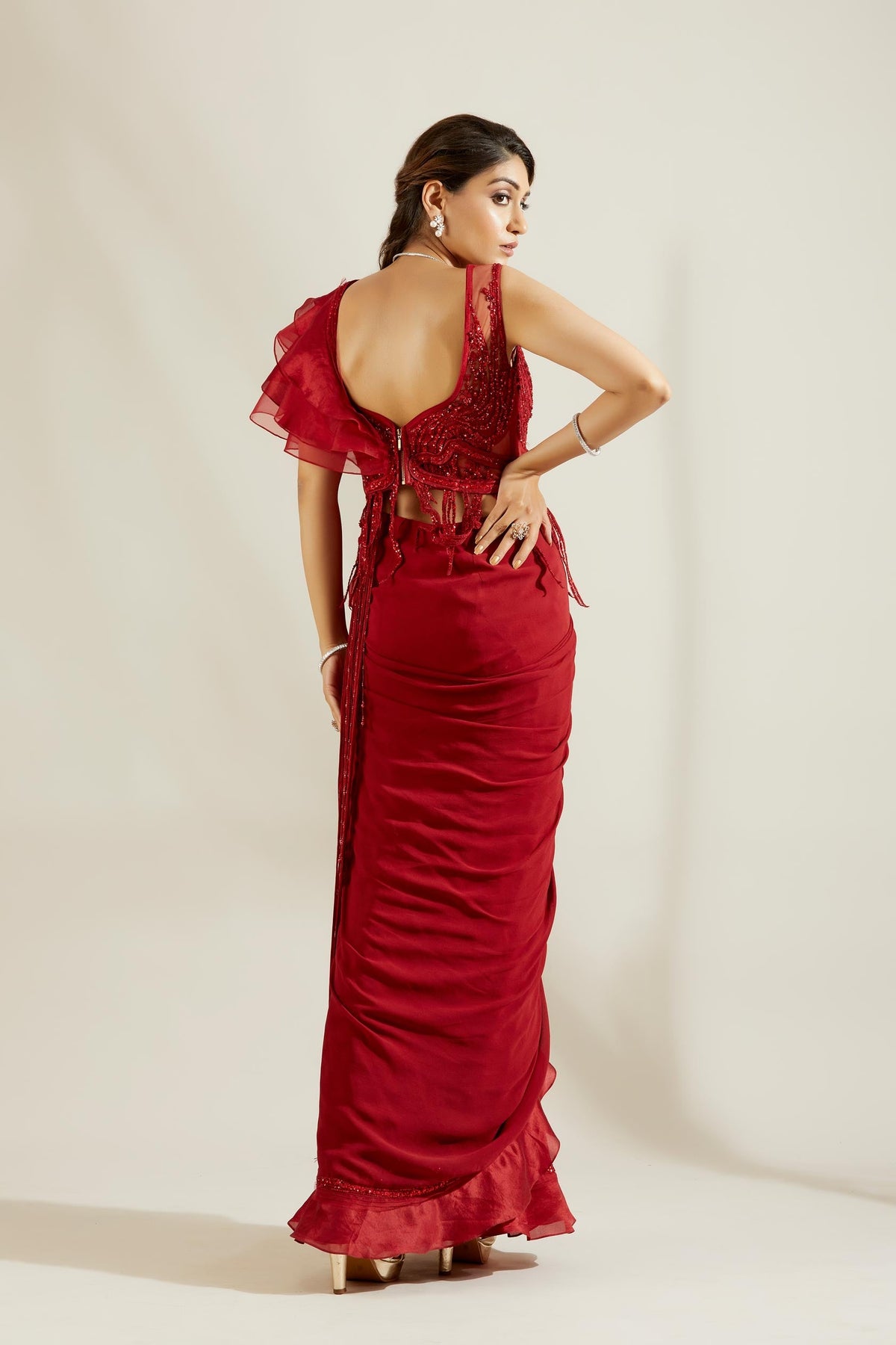 Brill Crimson Pre Draped Saree