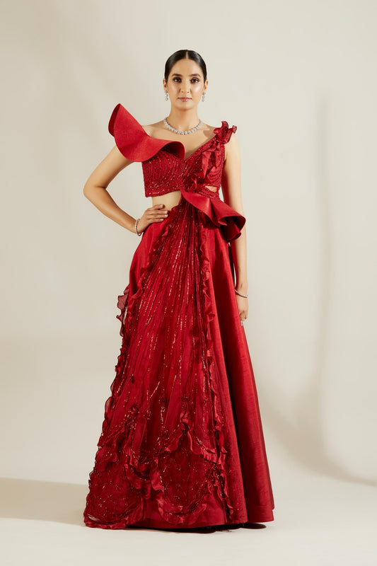 Brill Crimson Sculpted Blouse and Skirt