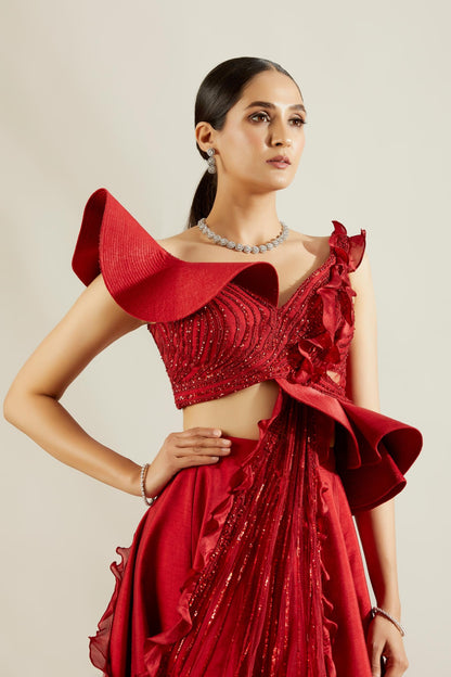 Brill Crimson Sculpted Blouse and Skirt