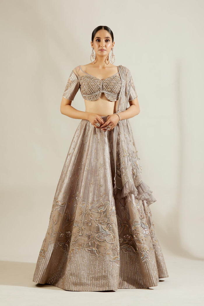 Abalone Grey Gold Floral  Lehenga