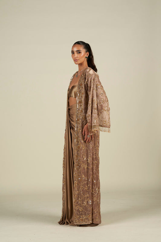 BROWN GOLD LONG CAPE SKIRT SET