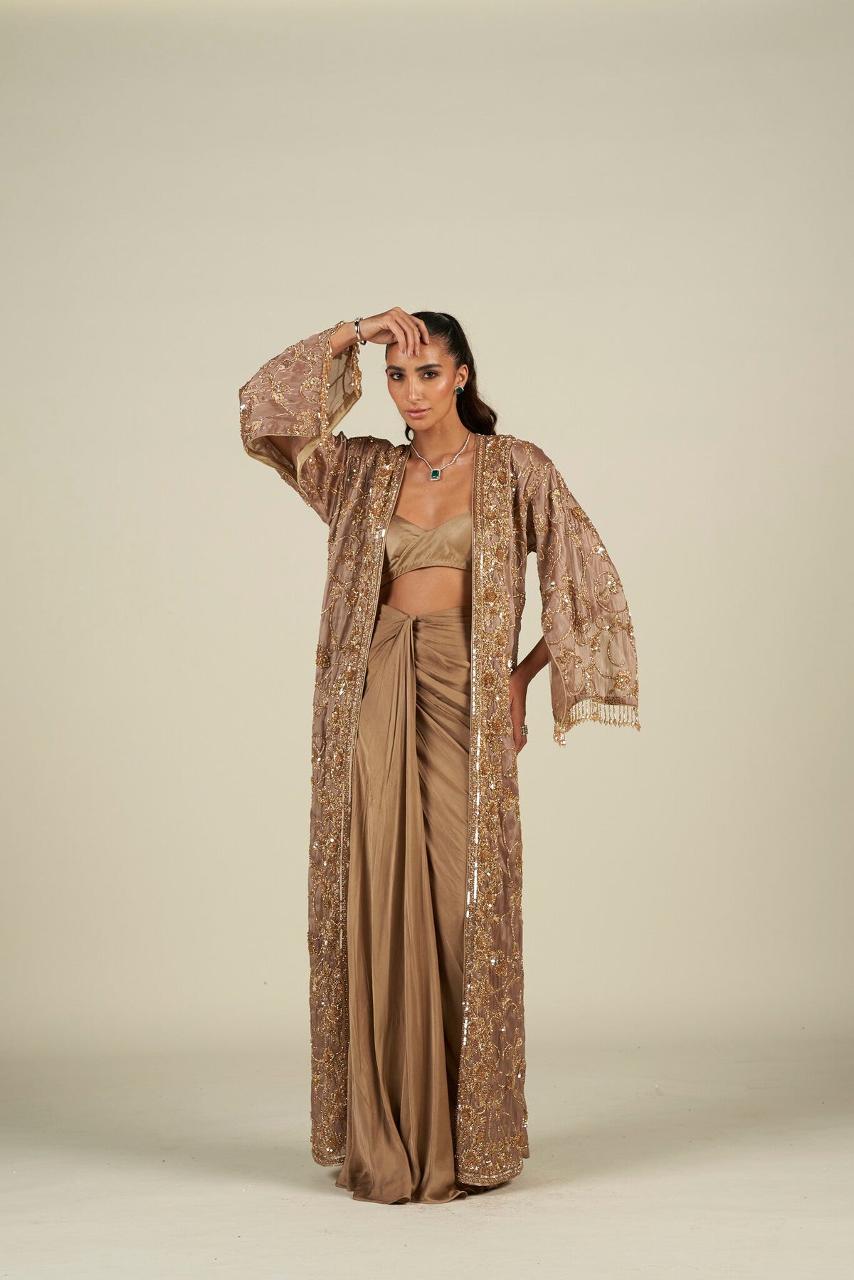 BROWN GOLD LONG CAPE SKIRT SET