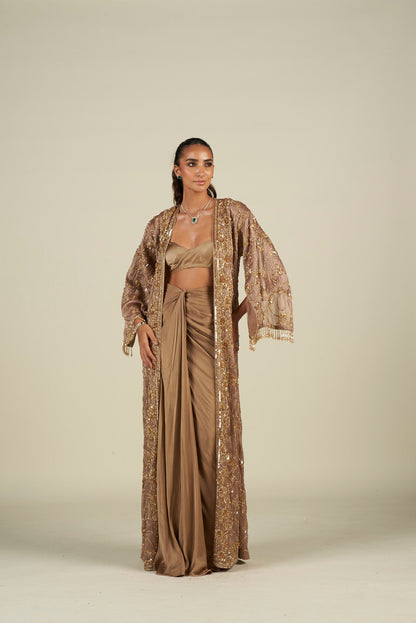 BROWN GOLD LONG CAPE SKIRT SET