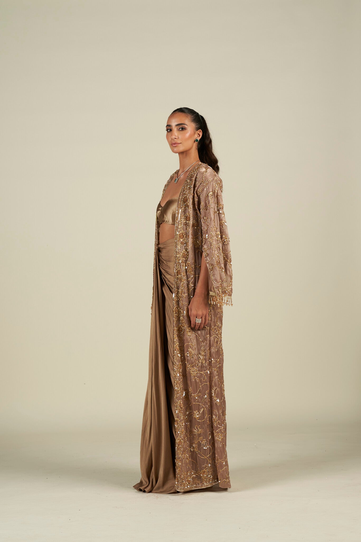 BROWN GOLD LONG CAPE SKIRT SET