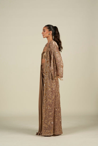 BROWN GOLD LONG CAPE SKIRT SET