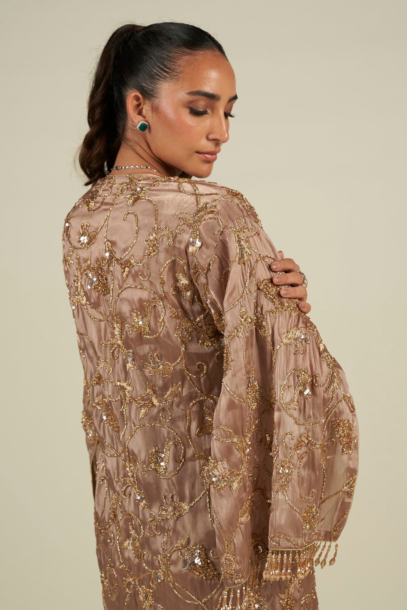 BROWN GOLD LONG CAPE SKIRT SET