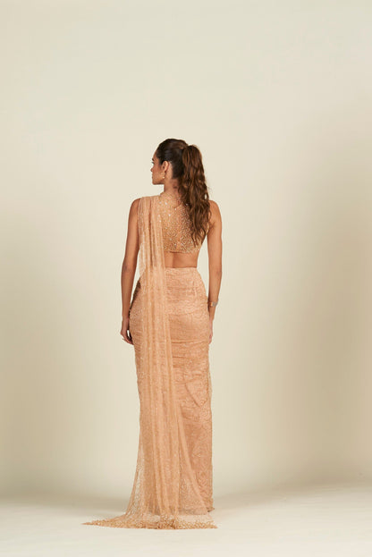 PEACH GOLD DRAPE SAREE