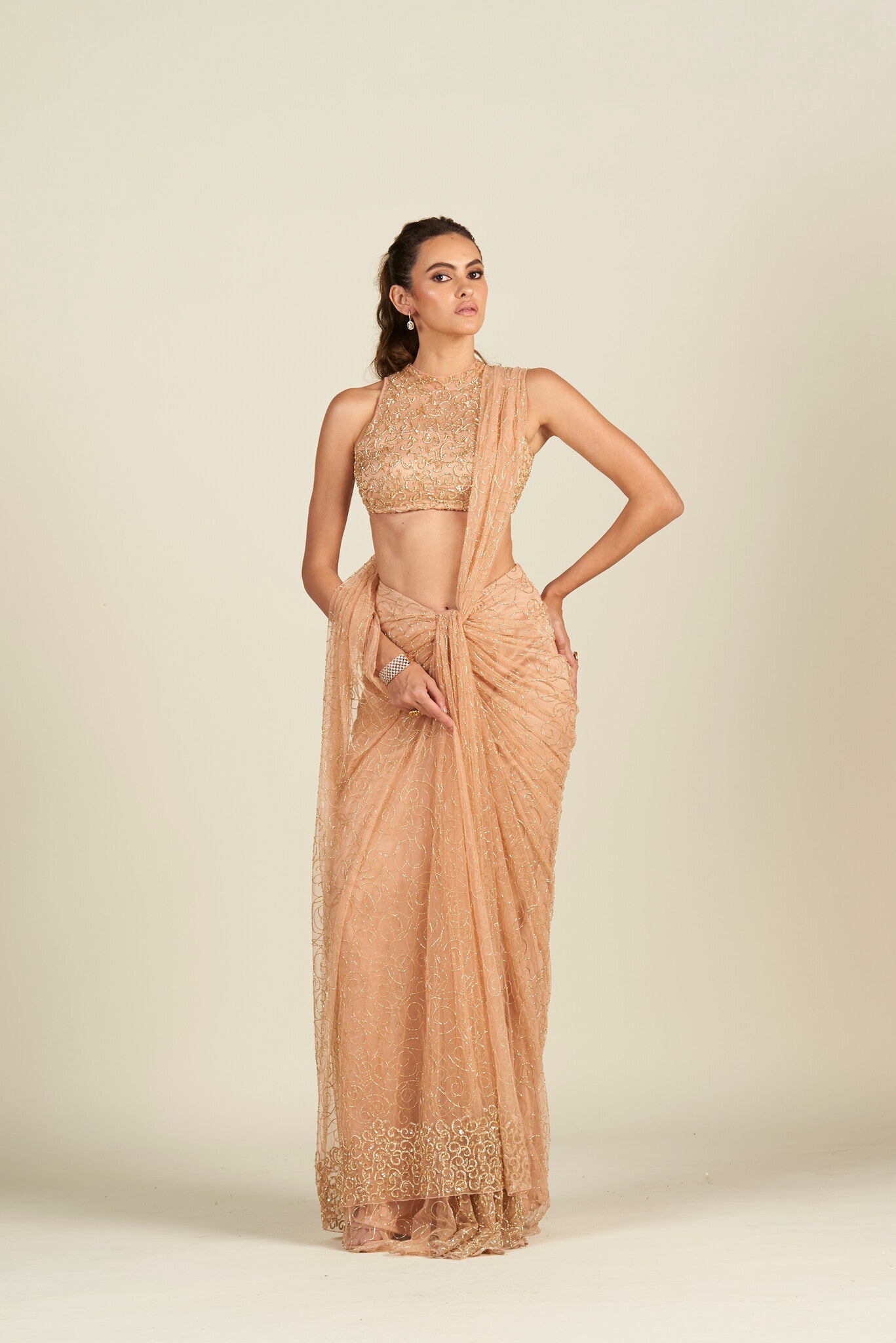 PEACH GOLD DRAPE SAREE