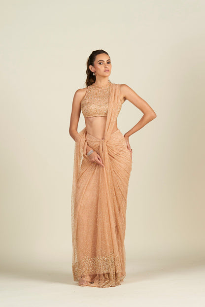 PEACH GOLD DRAPE SAREE