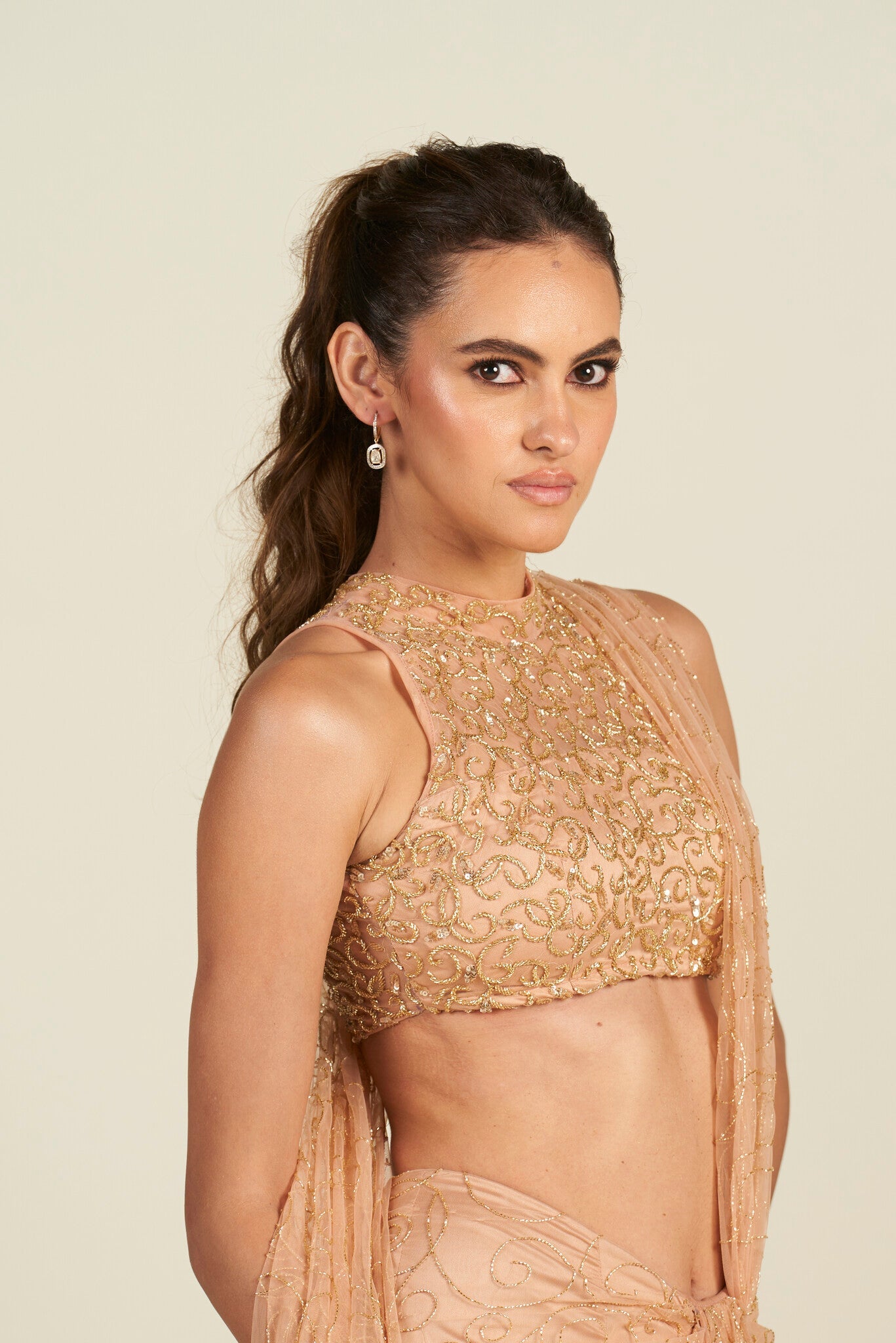 PEACH GOLD DRAPE SAREE