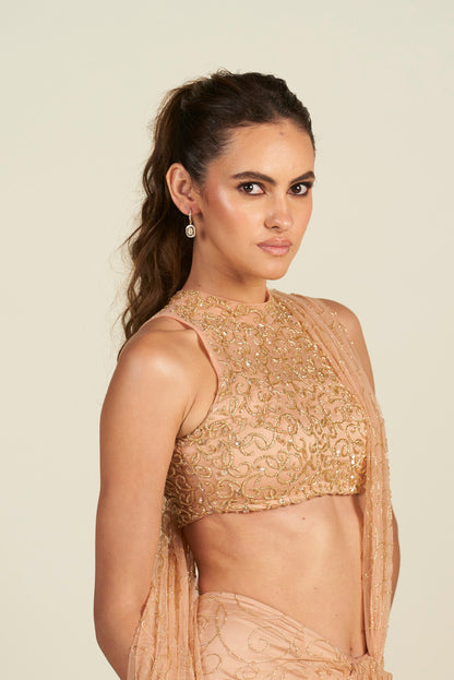 PEACH GOLD DRAPE SAREE