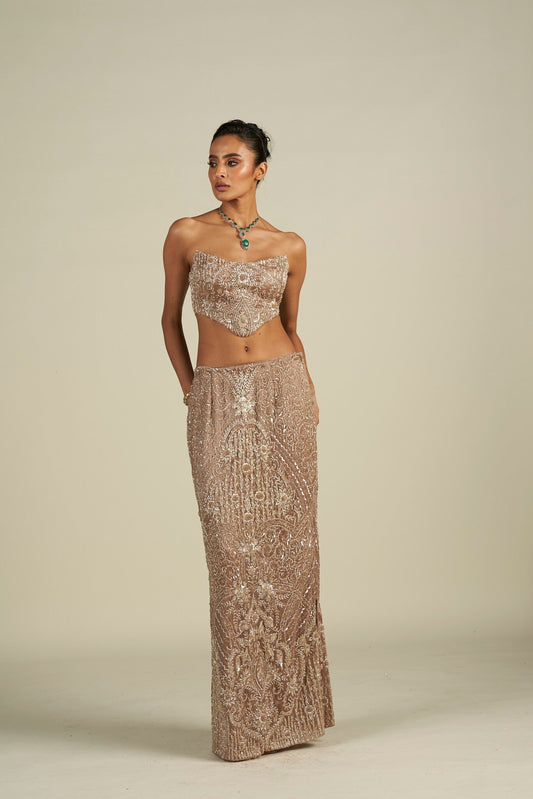 BROWN SILVER SKIRT SET