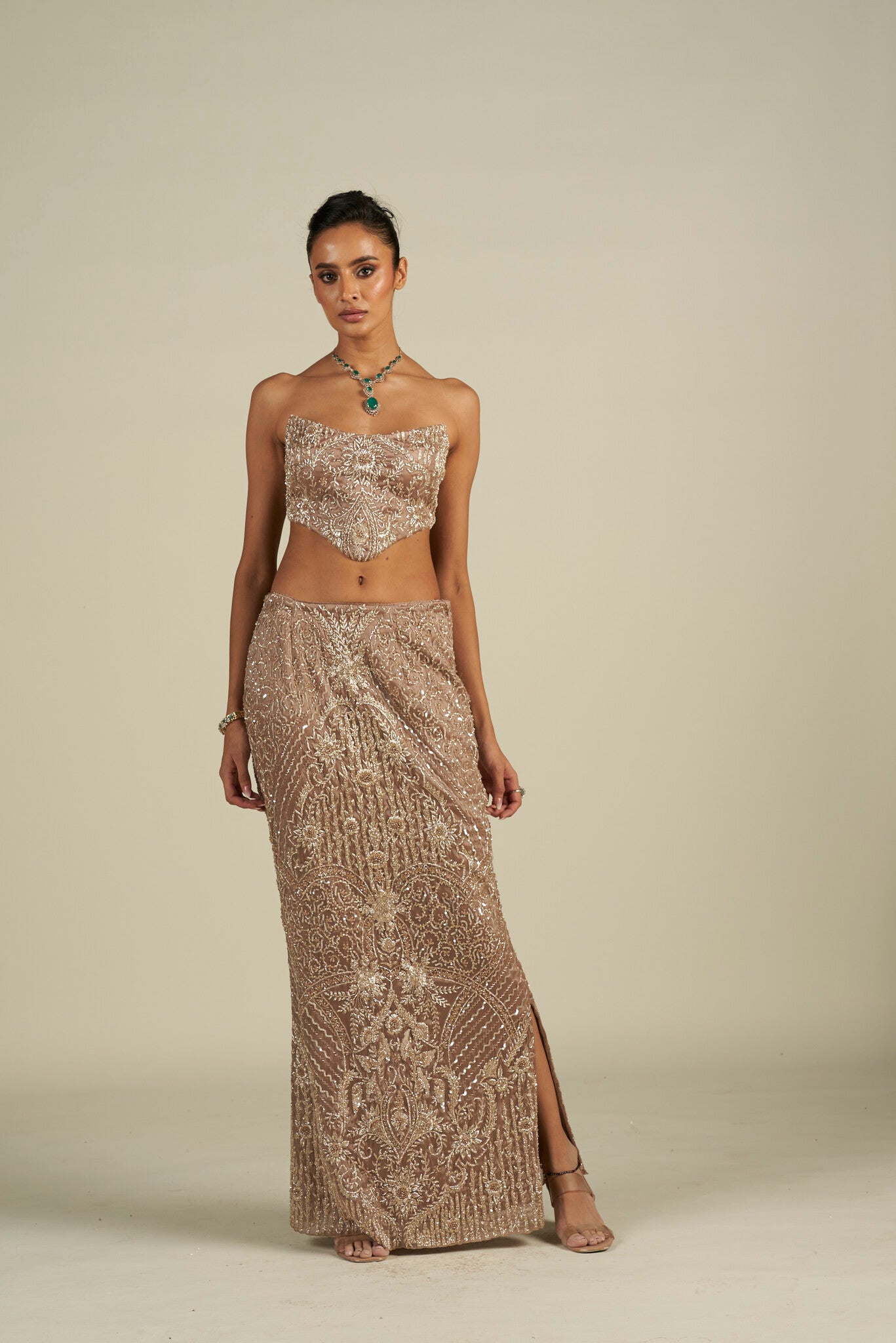 BROWN SILVER SKIRT SET
