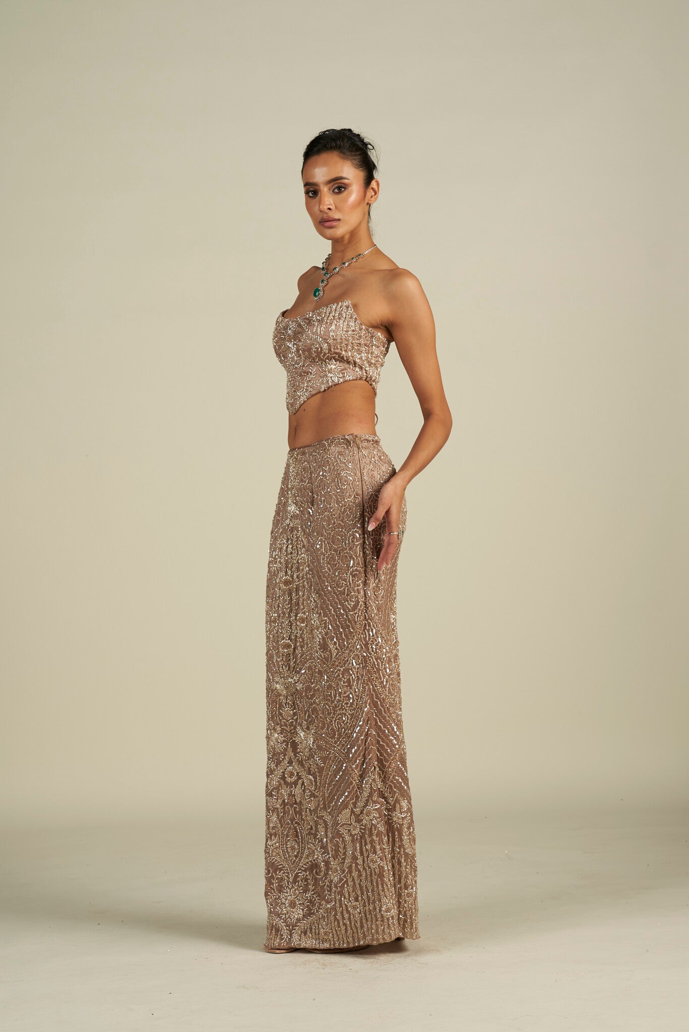 BROWN SILVER SKIRT SET