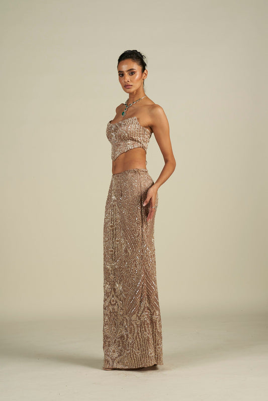 BROWN SILVER SKIRT SET