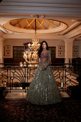 green mirror work lehenga