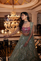 green pink mirror work lehenga