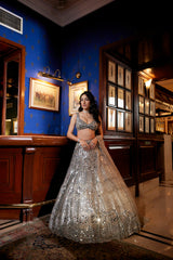 grey mirror work lehenga